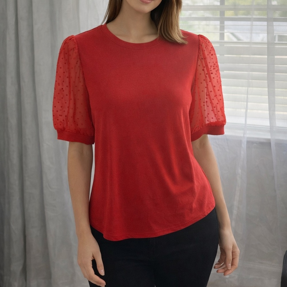 CeCe Red Puff-Sleeve Dot-Sheer Knit Top